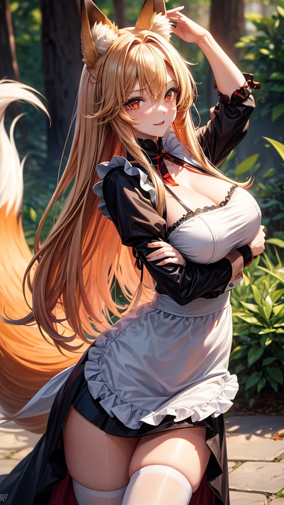 fox woman, wears a maid outfit showing her panties, has long messy shaggy blonde hair, has red-orange eyes, has a big breast, has fox ears and fox tail.