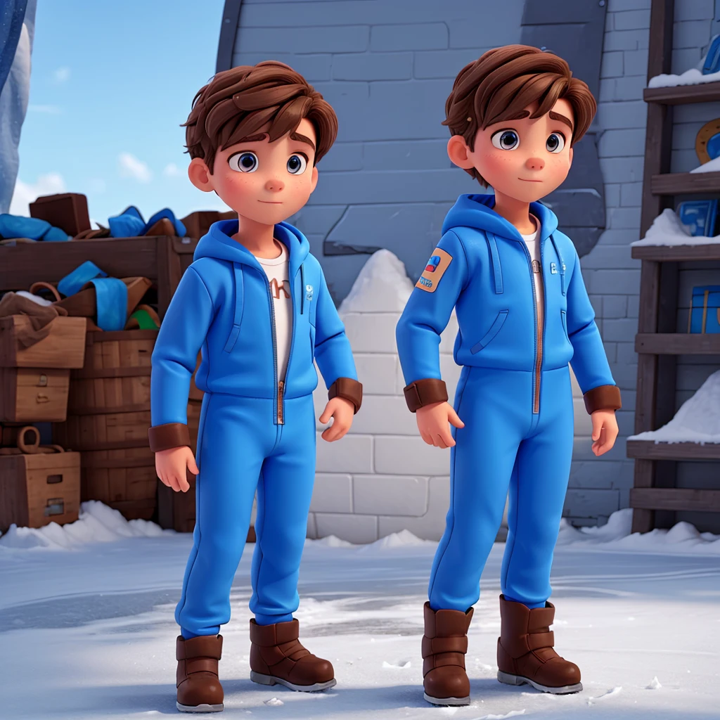 A boy with an ice suit and brown hair and a blue ribbon on his chest