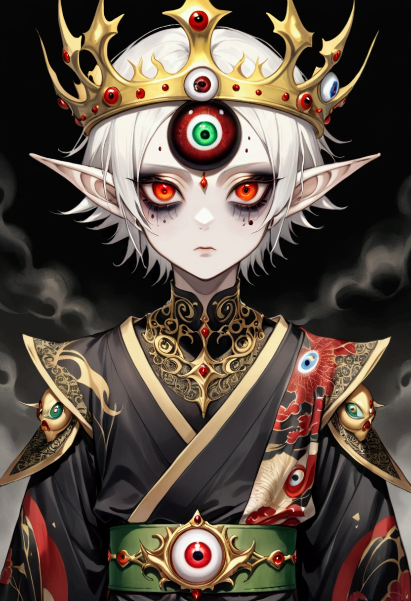 Japanese Anime，Second Dimension，Horror style，horror character，(((Three-eyed boy，独奏，third eye on the forehead:1.1.Dark eyeshadow，White short hair，Elf ears，Exaggerated golden crown-eyeball decoration))),(((Gorgeous Japanese red kimono，Eye pattern，Dark Pattern))).(((Thin waist，Green belt：1.6))).(style of santiago caruso,Tattoo on the neck)，Ink smudged black background blur
