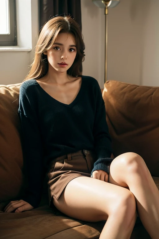One girl,sitting on a comfortable sofa,Crossing your legs,Soft Light