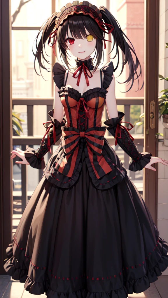 masterpiece, The best quality、street、Put your arms behind your back、Black Hair, Long twin tails bunches, (Yellow eyes:1.2), Heterochromia iridum, (Red Eyes:1.2),Tokisaki Kurumi、Smile,Gothic Lolita Clothing Accessories、victorian maid tiara、Black Ribbon、Shut up、Gothic Lolita Clothing Accessories