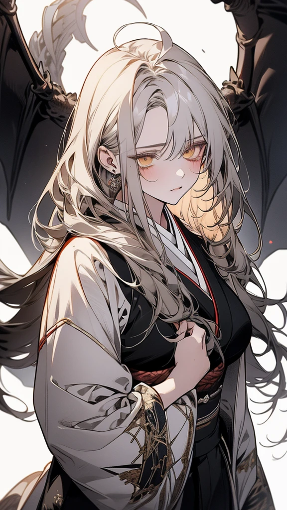 (Top resolution、Distinct_image)top-quality、A girl 、​masterpiece、highly detailed, half body, Semi-realistic、yellow eyes 、18year old, silver hair,young 、Exquisite facial features、Facial features ,variation potrait, long  hairstyles, teenage, cool , cold sharp eyes, An expression of despair., lifeless eyes, blood on face, , {Very detailed 8k CG unit wallpaper}, Handsome, solo, female, , loyalty ,Japanese kimono, detailed eyes, beautiful eyes, gorgeous , have dragon horns 