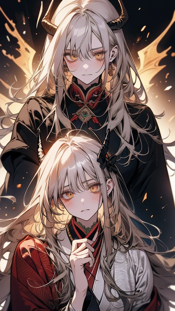 (Top resolution、Distinct_image)top-quality、A girl 、masterpiece、highly detailed, half body, Semi-realistic、yellow eyes 、18year old, silver hair,young 、Exquisite facial features、Facial features ,variation potrait, long hairstyles, teenage, cool , cold sharp eyes, An expression of despair., lifeless eyes, blood on face, , {Very detailed 8k CG unit wallpaper}, Handsome, solo, female, , loyalty ,Japanese kimono, detailed eyes, beautiful eyes, gorgeous , have dragon horns