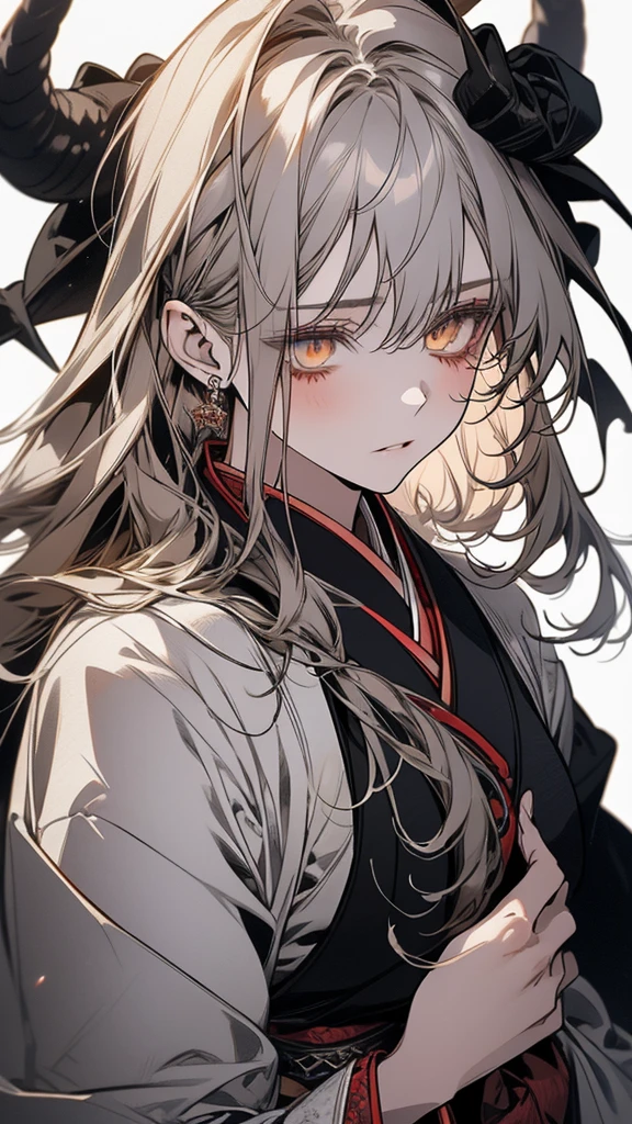 (Top resolution、Distinct_image)top-quality、A girl 、masterpiece、highly detailed, half body, Semi-realistic、yellow eyes 、18year old, silver hair,young 、Exquisite facial features、Facial features ,variation potrait, long hairstyles, age, cool , cold sharp eyes, An expression of despair., lifeless eyes, blood on face, , {Very detailed 8k CG unit wallpaper}, Handsome, solo, female, , loyalty ,Japanese kimono, detailed eyes, beautiful eyes, gorgeous , have dragon horns