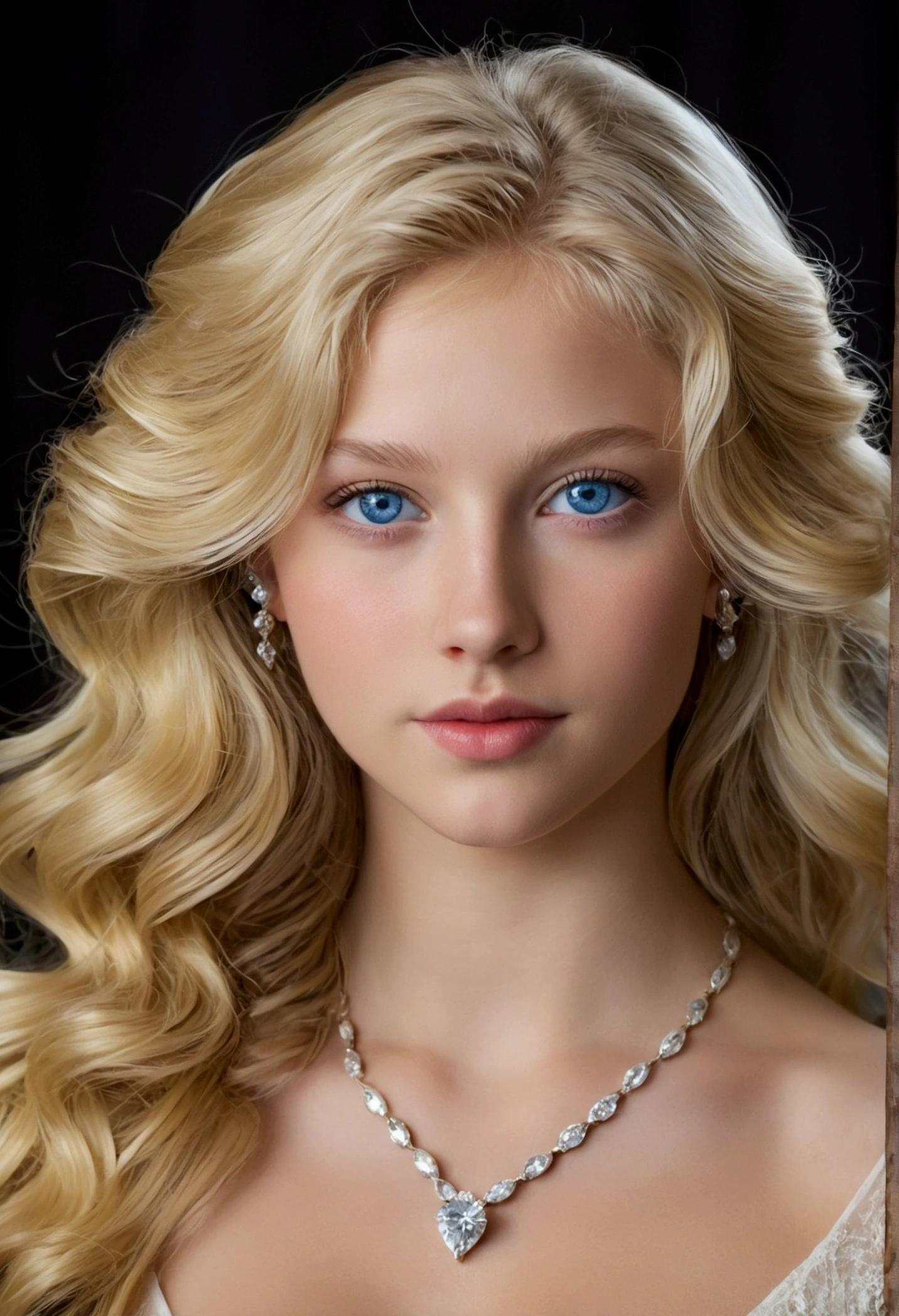 jeune fille, Fairly long blonde wavy hair , blue eyes, with a very pretty diamond shaped face, average size bust, without jewelry, high quality