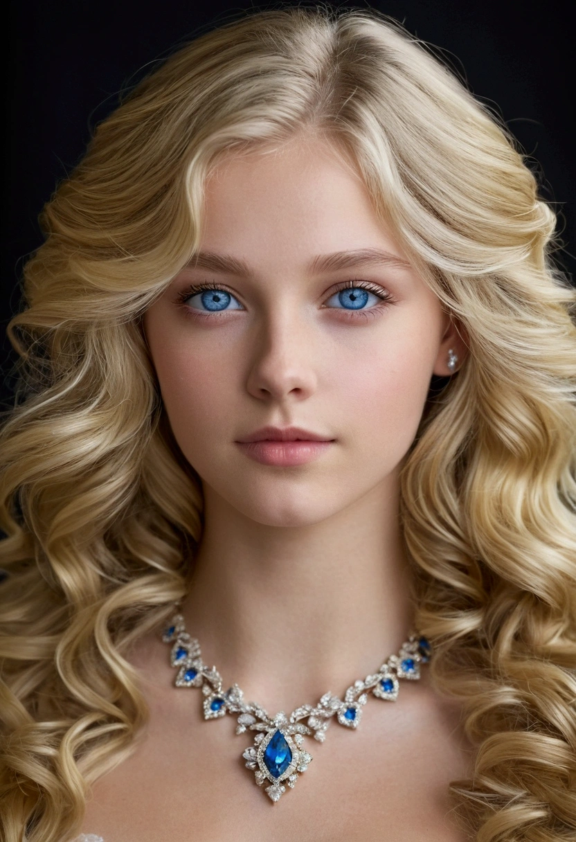 jeune fille, Fairly long blonde wavy hair , blue eyes, with a very pretty diamond shaped face, average size bust, without jewelry, high quality
