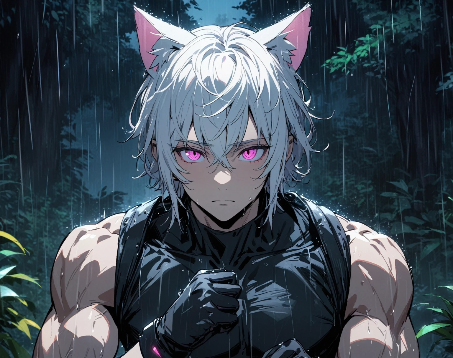 1 men, short white hair, pink eyes, Kitten ears, Wearing a black long sleeve shirt, wearing gloves, slightly muscular body, at night, raining, front view, at a forest, 4K, bright coloured, tall quality, close up no rosto, pretty detailed eyes, well-detailed face
