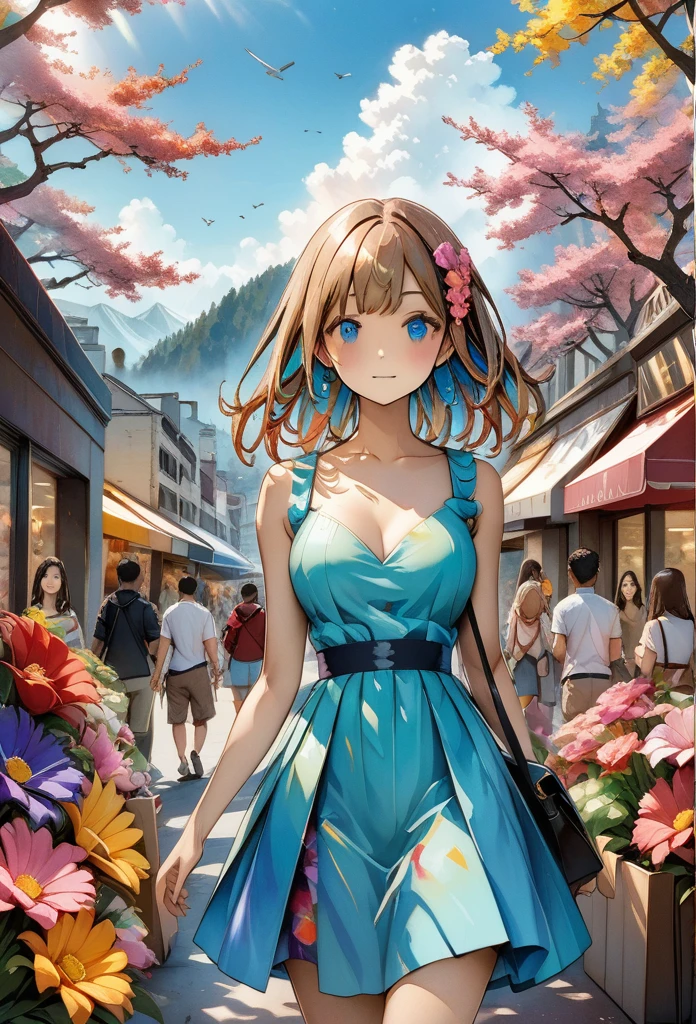 Takashi Murakami style、8K quality、Intense watercolor、Detailed水彩画アート、Watercolor splash、Surreal、Avant-garde pop art、Beautiful and expressive paintings、Beautiful artwork illustration、very colorful tones、wonderful、Cool beauty、Highest quality、Official Art、Vector art、Stylish design、((The most beautiful girl of all time))、(((Highest quality)))、HDR、((Detailed))、(((Doodle Art))、((masterpiece))、((超Detailed))、(((Colorful flowers)))、((shopping)))、(((Lots of friends)))