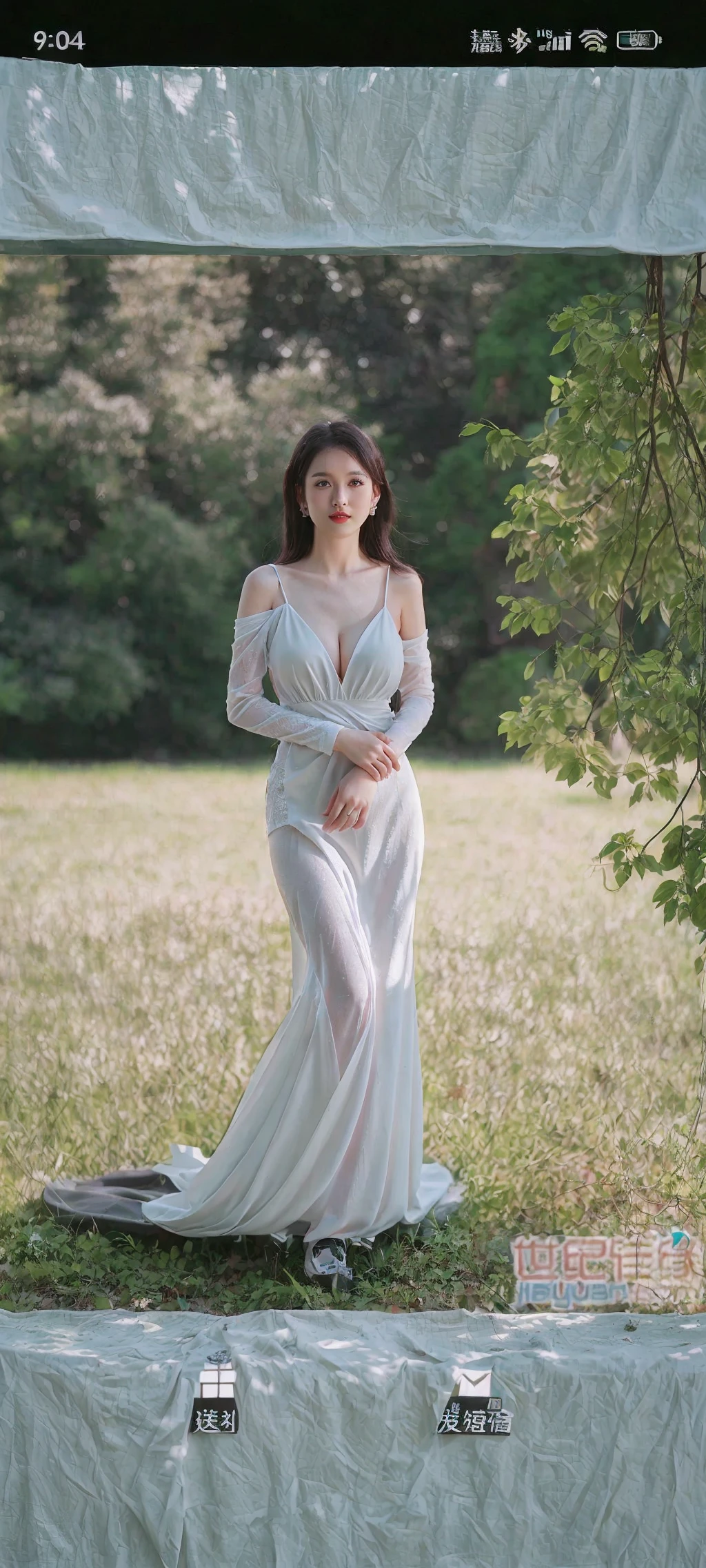 ((4k,masterpiece,best quality)), shuimobysim, Traditional chinese painting, lotuses, Hanfu, maxiskit, Dress conservatively 1girl, solo, blue long hair, ssmile, standingn, Feet in the water, white Heels，