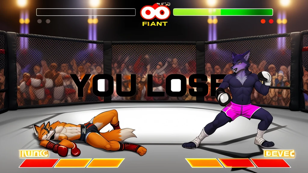 a detailed picture of a boxing match (male anthros, two boy), slim body, slim features, in a boxing ring, Ross Tran, ruan jia, trending on artstation, foxovh,User Interface of Fighting game, Crisis, assorted poses, assorted expression, full body, sound effects, motion blur, from side, ((fox, blue shorts, knocked out on the floor)), (((purple wolf, white shorts, boxing pose))) “VS” 