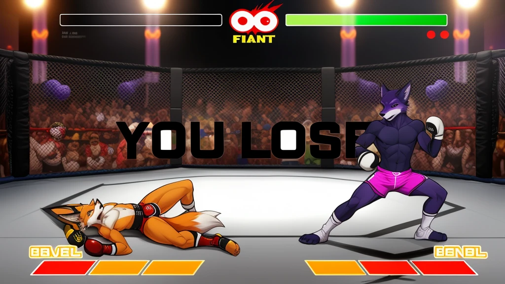 a detailed picture of a boxing match (male anthros, two boy), slim body, slim features, in a boxing ring, Ross Tran, ruan jia, trending on artstation, foxovh,User Interface of Fighting game, Crisis, assorted poses, assorted expression, full body, sound effects, motion blur, from side, ((fox, blue shorts, knocked out on the floor)), (((purple wolf, white shorts, boxing pose))) “VS”