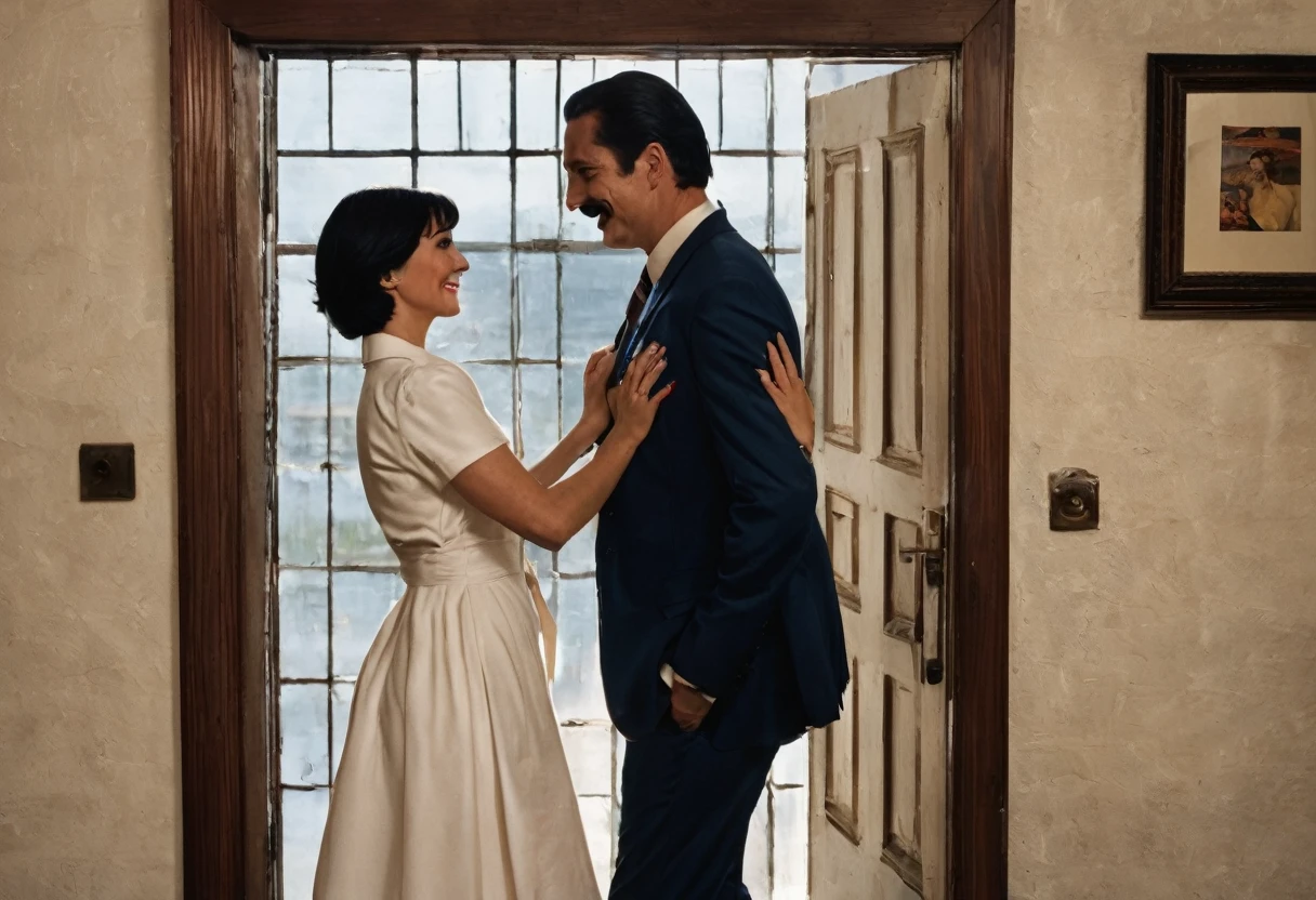 The man in his 45s with black very short hair and smooth face with moustache. The woman in her 45s with brown wavy long hair. The woman is wearing a white dress. The man is wearing a dark blue suit with tie. The man carries the woman in his arms. They are looking at each other with love. Smiling. They enter the door of the house. HDR. UHD. Cinematic.