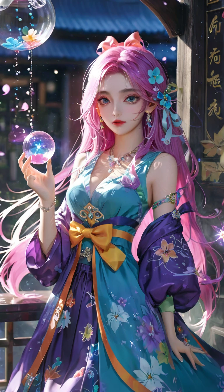 1 Girl, long_hair, bright_hair_Yanren_Eye, mystery_Express, Mature_appearance, Glamorous_Full set of clothing, flow_skirt, elegant_Jewelry, complex_decorate, magic_symbol, Luminescence_Accessories, potion, reel, Lovely_accent, bow, Ribbon, Flowers,