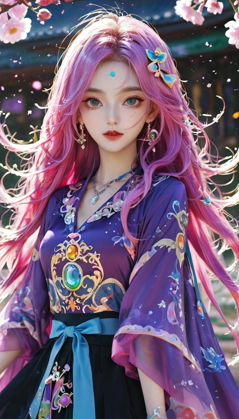 1 Girl, long_hair, bright_hair_Yanren_Eye, mystery_Express, Mature_appearance, Glamorous_Full set of clothing, flow_skirt, elegant_Jewelry, complex_decorate, magic_symbol, Luminescence_Accessories, potion, reel, Lovely_accent, bow, Ribbon, Flowers,