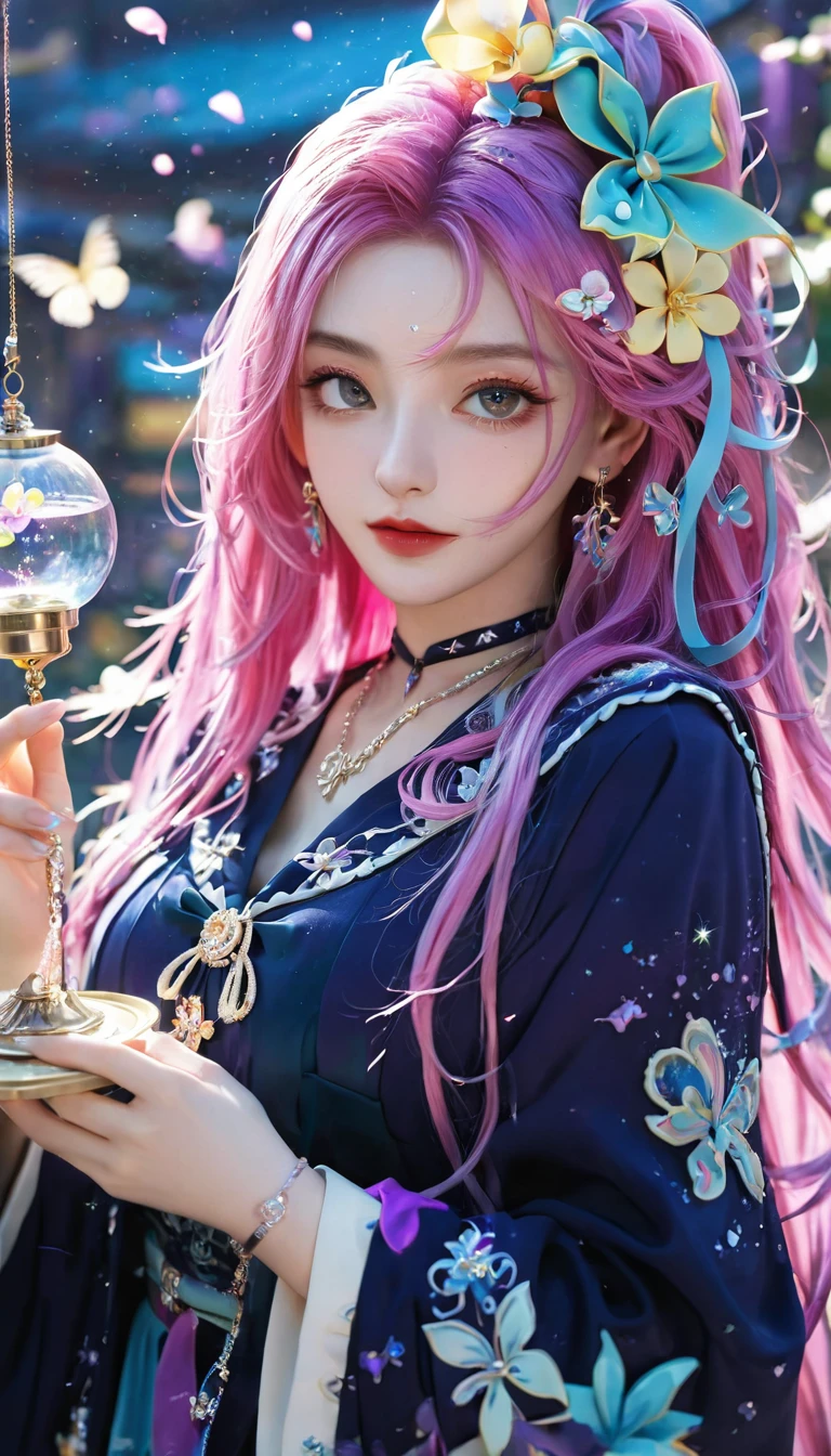1 Girl, long_hair, bright_hair_Yanren_Eye, mystery_Express, Mature_appearance, Glamorous_Full set of clothing, flow_skirt, elegant_Jewelry, complex_decorate, magic_symbol, Luminescence_Accessories, potion, reel, Lovely_accent, bow, Ribbon, Flowers,