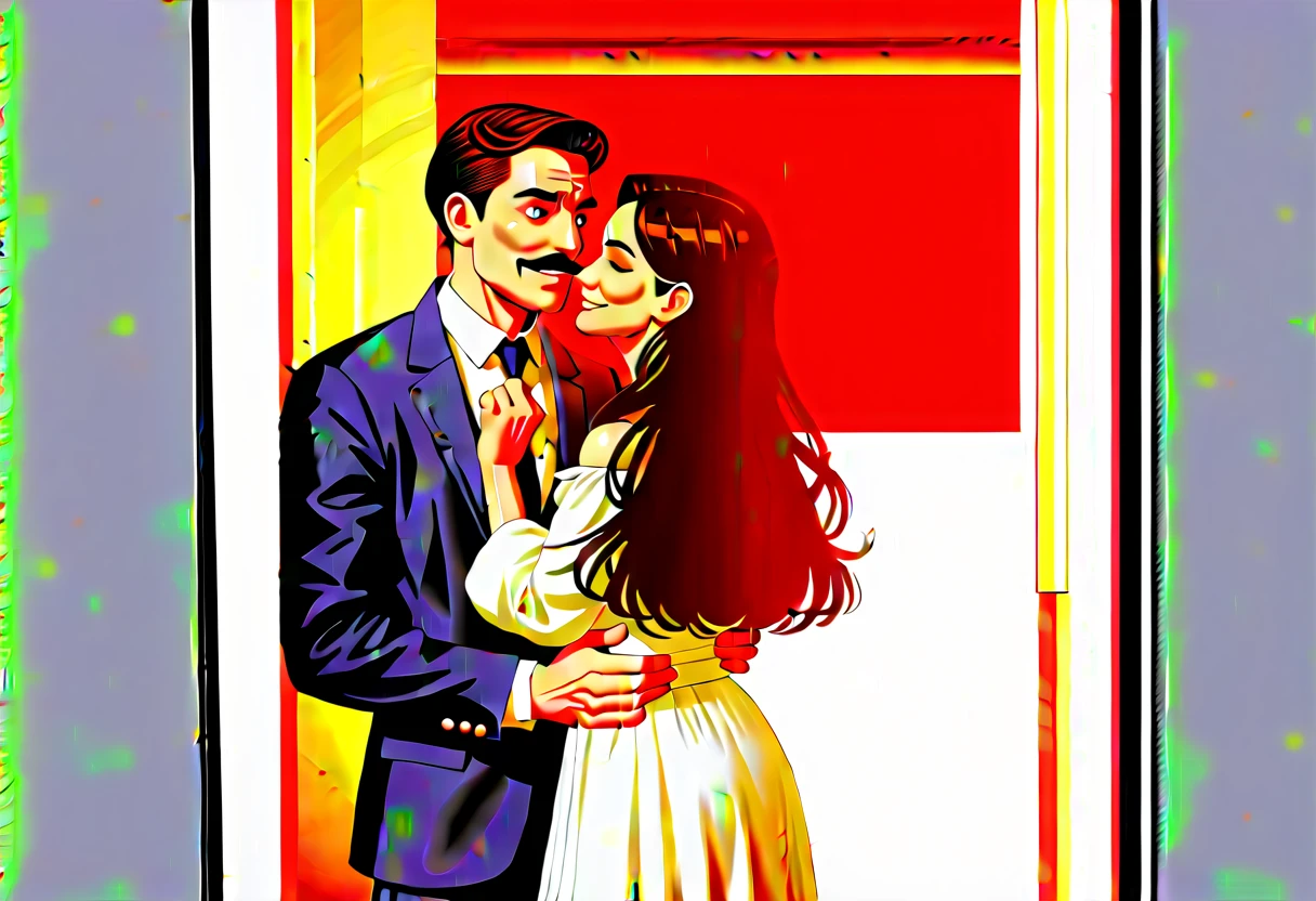 The man in his 45s with black very short hair and smooth face with moustache. The woman in her 45s with brown wavy long hair. The woman is wearing a white dress. The man is wearing a dark blue suit with tie. The man carries the woman in his arms. They are looking at each other with love. Smiling. They enter the door of the house. HDR. UHD. Cinematic.