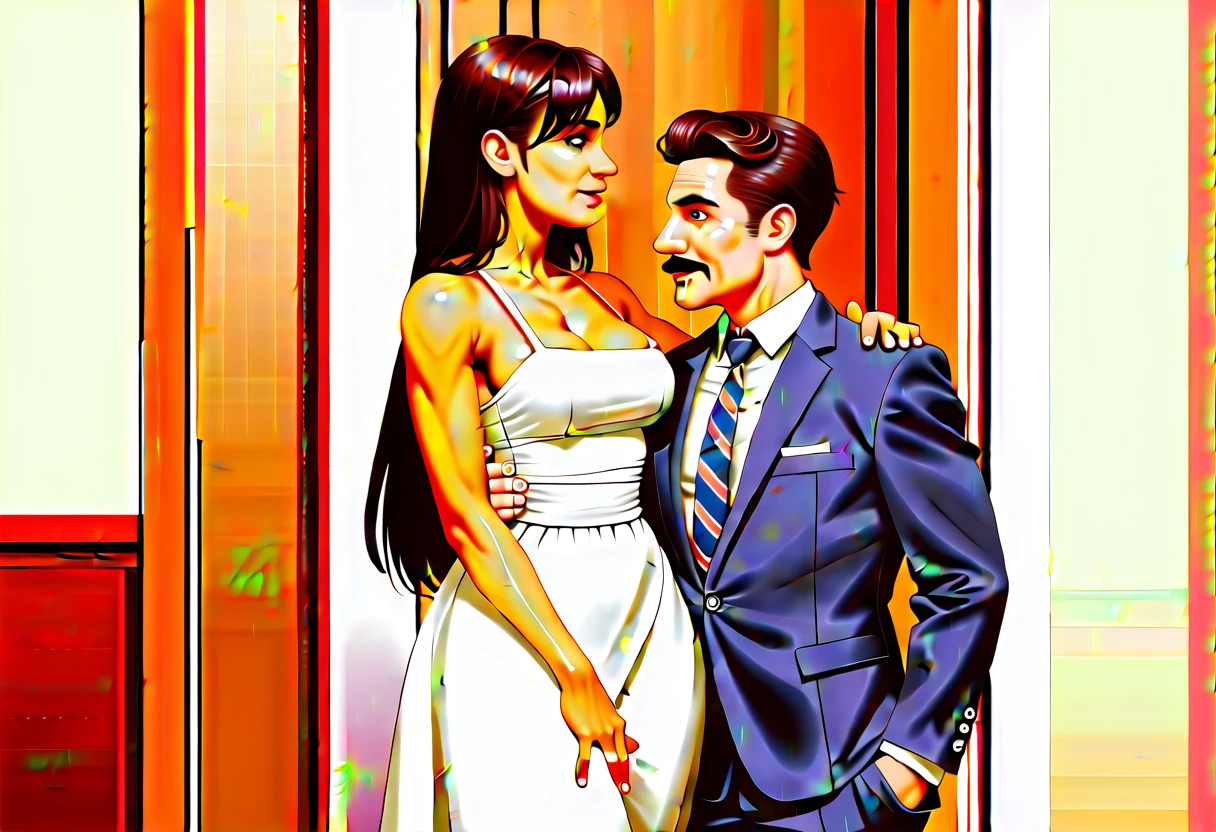 The man in his 45s with black very short hair and smooth face with moustache. The woman in her 45s with brown wavy long hair. The woman is wearing a white dress. The man is wearing a dark blue suit with tie. The man carries the woman in his arms. They are looking at each other with love. Smiling. They enter the door of the house. HDR. UHD. Cinematic.