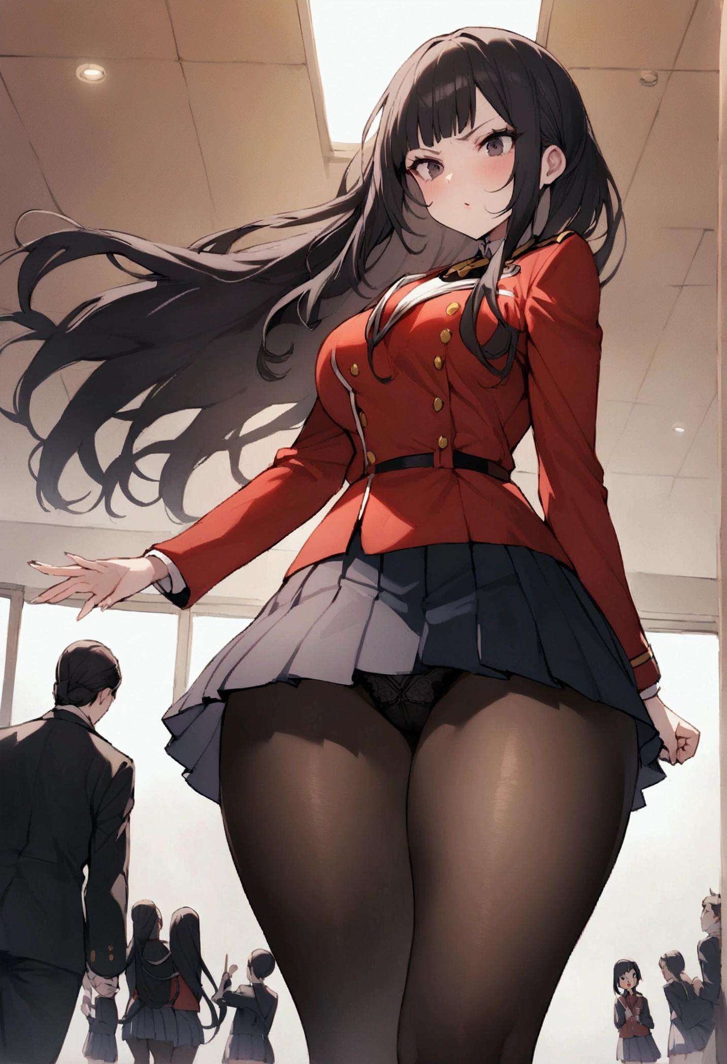 One Woman、beautiful girl, Highest quality, Thick thighs、Big 、Big Ass、Black Hair、long hair、Bangs、Red blazer uniform、Angle from directly below、Intimidating attitude、Angry、classroom、Many students behind、Brush your hair up、bellow、Pleated skirt、Black Pantyhose、Black panties、Walking、Elegant appearance、Gorgeous