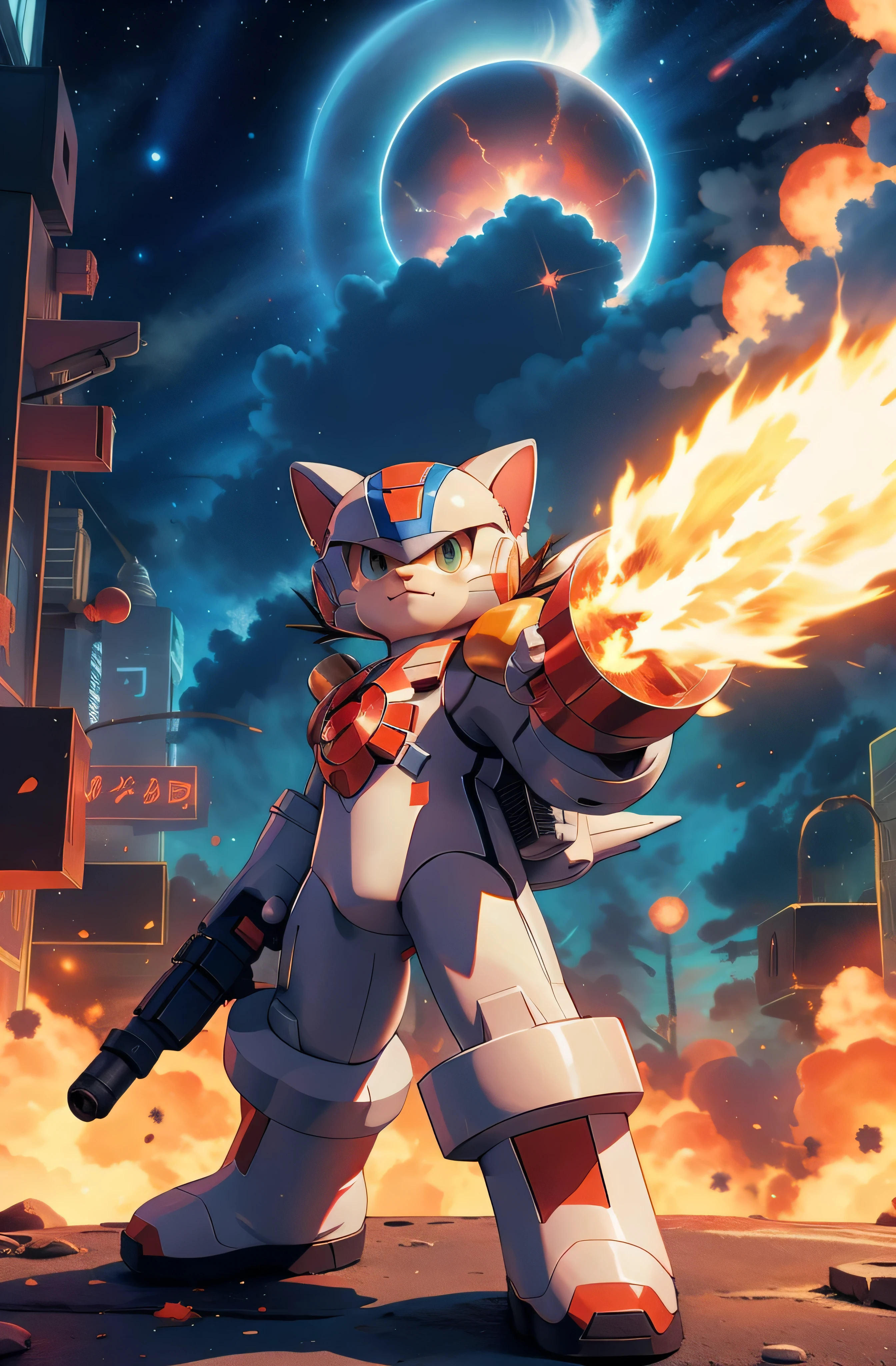 small, white fluffy cat wearing red megaman armor, burning city background, arm cannon blast