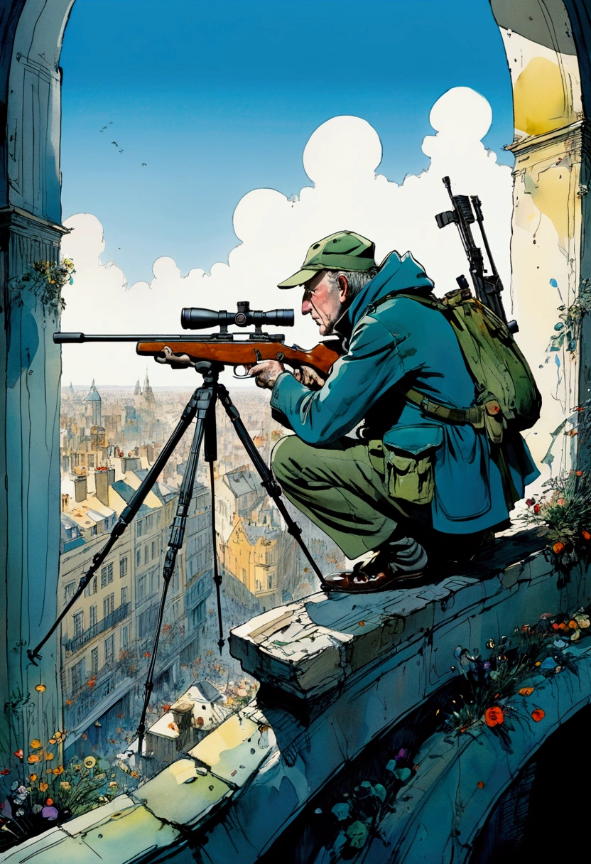 aiming Sniper, by Quentin Blake, full body, cinematic still, (best quality, masterpiece), very aesthetic, perfect composition, intricate details, ultra-detailed, vivid colors