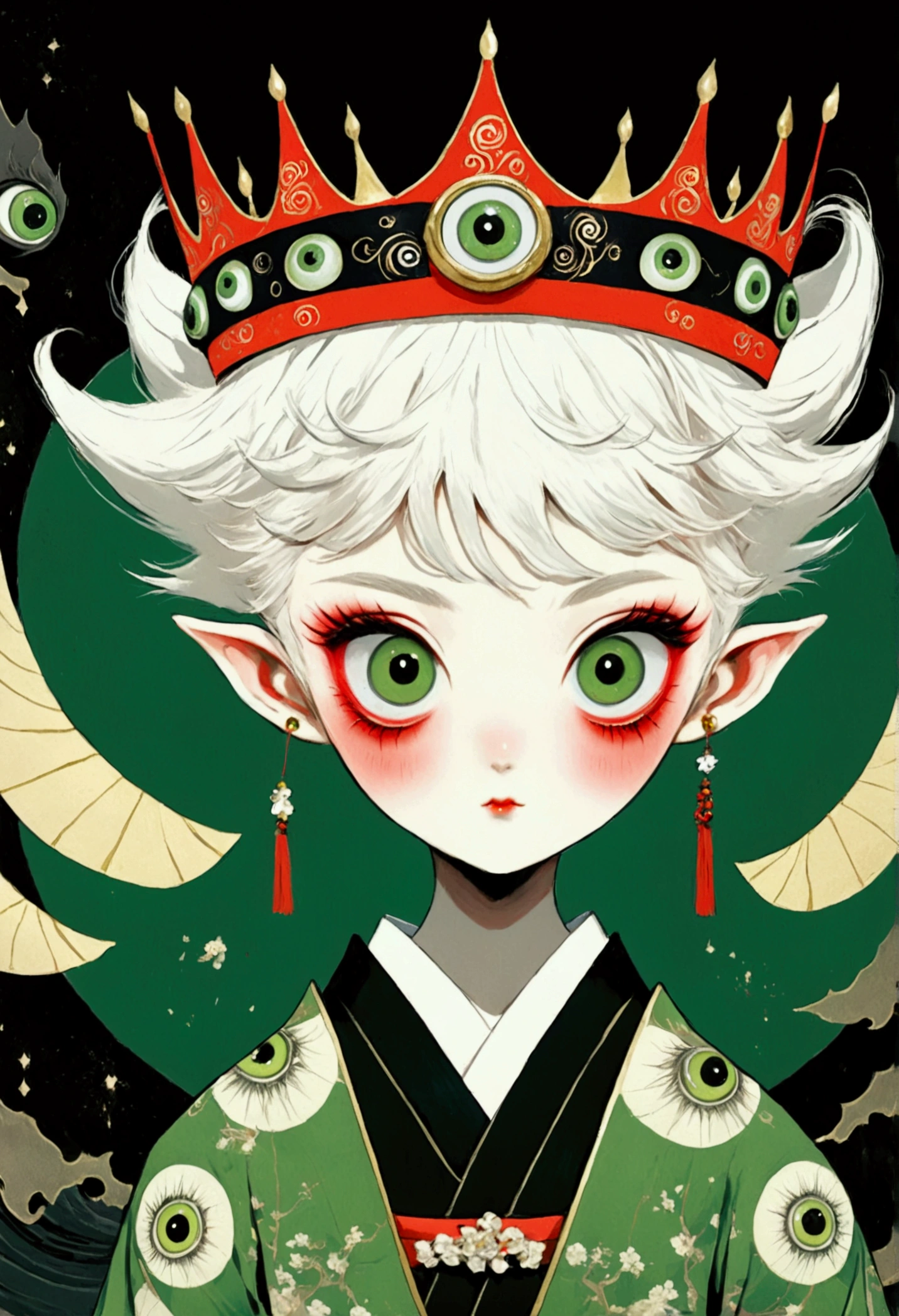 Japanese Anime，Second Dimension，Horror style，horror character，(((Three-eyed boy，third eye on the forehead:1.1.Dark eyeshadow，White short hair，Elf ears，Exaggerated golden crown-eyeball decoration))),(((Gorgeous Japanese red kimono，Eye pattern，Dark Pattern))).(((Thin waist，Green belt：1.6))).(((Katana in hand)))，(style of santiago caruso,Tattoo on the neck)，Black background blur
