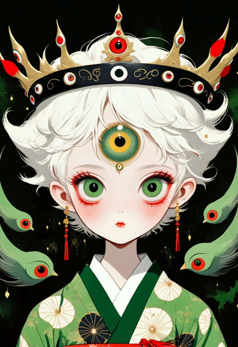Japanese Anime，Second Dimension，Horror style，horror character，(((Three-eyed boy，third eye on the forehead:1.1.Dark eyeshadow，White short hair，Elf ears，Exaggerated golden crown-eyeball decoration))),(((Gorgeous Japanese red kimono，Eye pattern，Dark Pattern))).(((Thin waist，Green belt：1.6))).(((Katana in hand)))，(style of santiago caruso,Tattoo on the neck)，Black background blur
