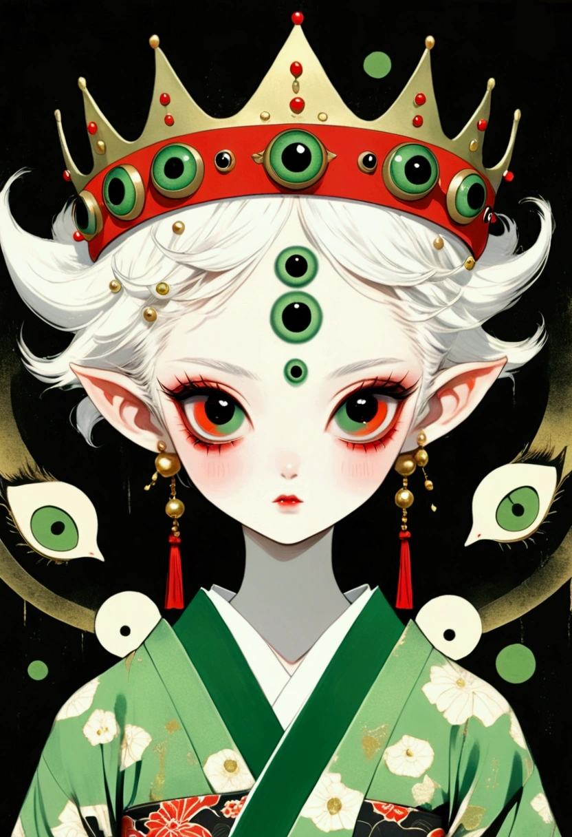 Japanese Anime,Second Dimension,Horror style,horror character,(((Three-eyed boy,third eye on the forehead:1.1.Dark eyeshadow,White short hair,Elf ears,Exaggerated golden crown-eyeball decoration))),(((Gorgeous Japanese red kimono,Eye pattern,Dark Pattern))).(((Thin waist,Green belt:1.6))).(((Katana in hand))),(style of santiago caruso,Tattoo on the neck),Black background blur