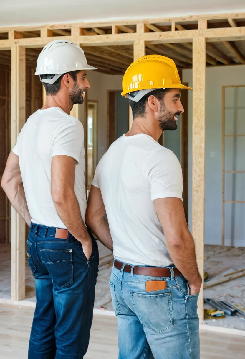 two men back to back, with construction helmets, in a finished house under construction