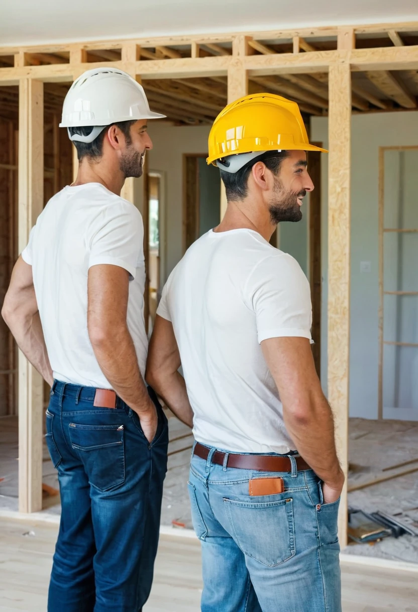 two men back to back, with construction helmets, in a finished house under construction