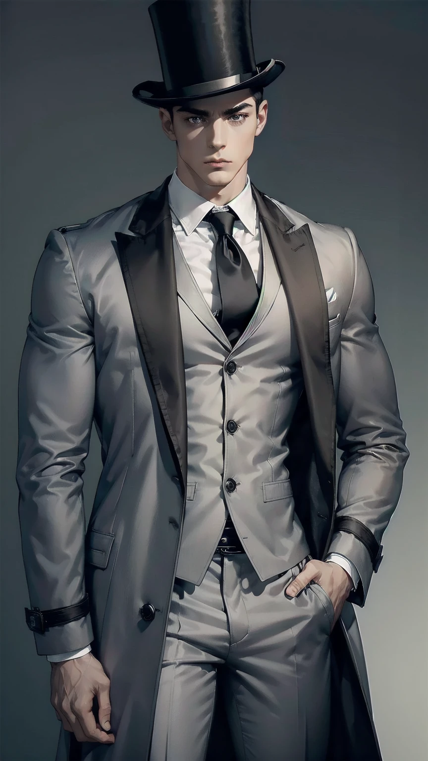 man ,short black hair ,White skin, tall height, muscled body, gray top hat, long gray trench coat, brown pants