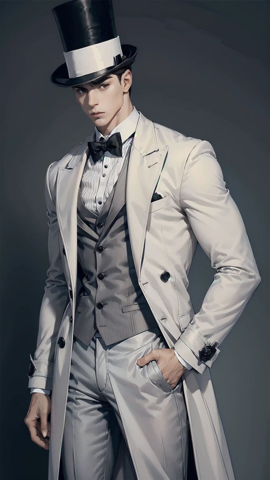 man ,short black hair ,White skin, tall height, muscled body, gray top hat, long gray trench coat, brown pants