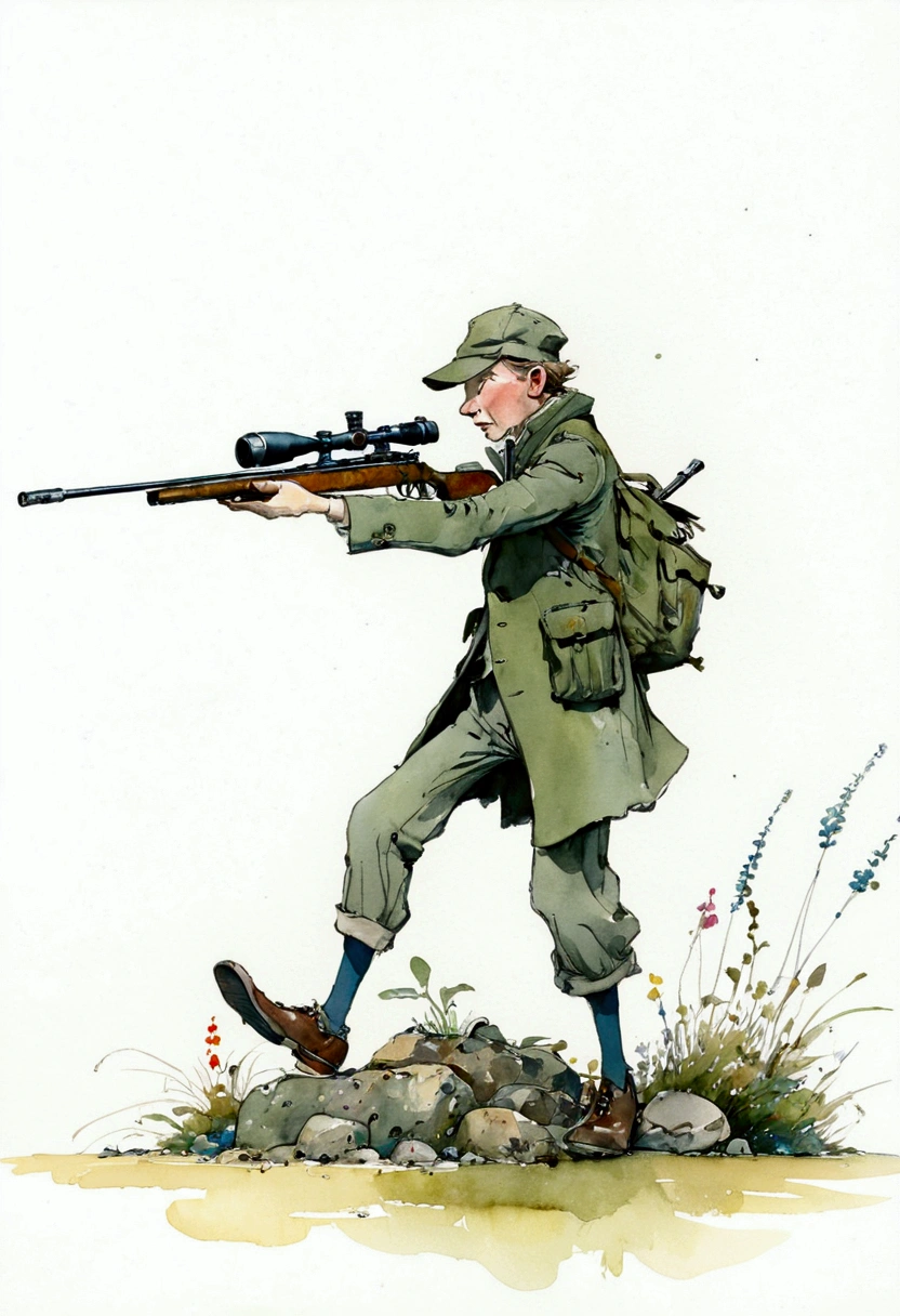 aiming Sniper, by Quentin Blake, full body, cinematic still, (best quality, masterpiece), very aesthetic, perfect composition, intricate details, ultra-detailed, vivid colors