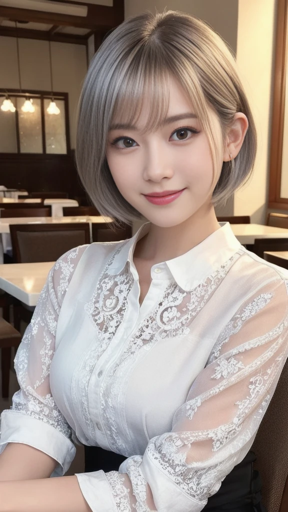 (1 young ultra Cute japanese girl,short silver hair,porcelain white skin,slender figure,lacy shirt,sitting in Italian cafe,drinking black tea,beautiful detailed eyes,long eyelashes,charming dropped eyes,lovely smiling lips,extremely detailed face without makeup:2.0),best quality,4k,8k,highres,masterpiece,ultra-detailed,realistic,photorealistic,photo-realistic,HDR,UHD,studio lighting,ultra-fine painting,sharp focus,physically-based rendering,extreme detail description,professional,vivid colors,bokeh,portraits,soft pastel colors,natural lighting,cinematic composition