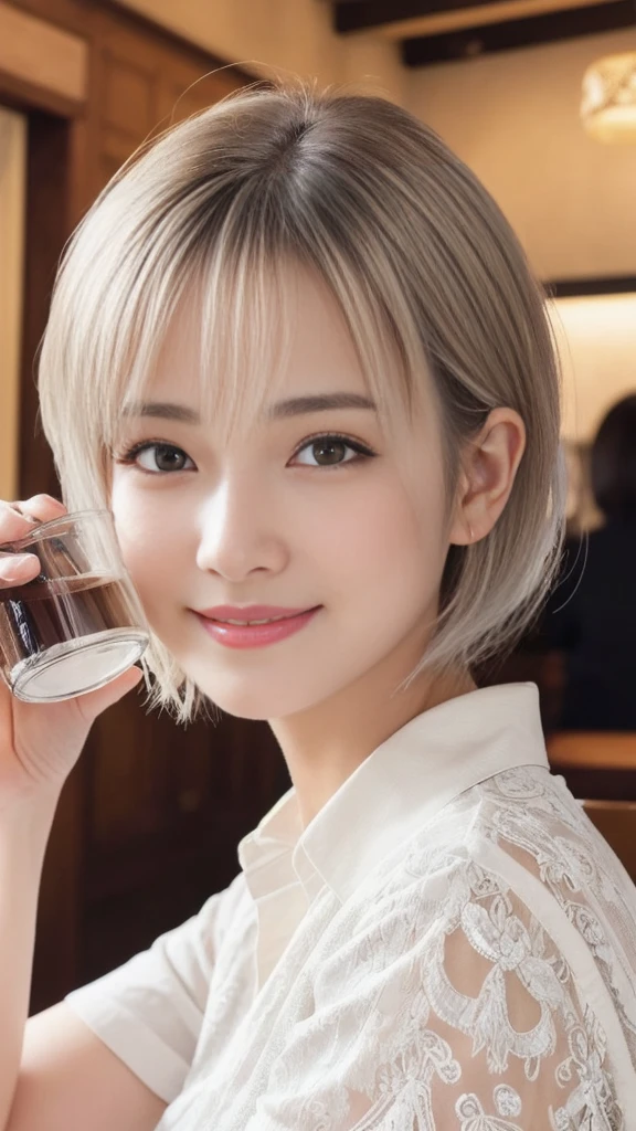 (ung ultra Cute japanese girl,short silver hair,porcelain white skin,slender figure,lacy shirt,sitting in Italian cafe,drinking black tea,beautiful detailed eyes,long eyelashes,charming dropped eyes,lovely smiling lips,extremely detailed face without makeup:2.0),best quality,4k,8k,highres,masterpiece,ultra-detailed,realistic,photorealistic,photo-realistic,HDR,UHD,studio lighting,ultra-fine painting,sharp focus,physically-based rendering,extreme detail description,professional,vivid colors,bokeh,portraits,soft pastel colors,natural lighting,cinematic composition