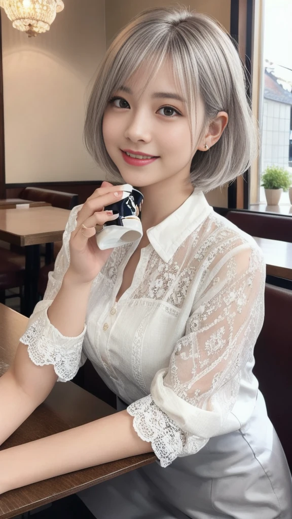 (1 young ultra Cute japanese girl,short silver hair,porcelain white skin,slender figure,lacy shirt,sitting in Italian cafe,drinking black tea,beautiful detailed eyes,long eyelashes,charming dropped eyes,lovely smiling lips,extremely detailed face without makeup:2.0),best quality,4k,8k,highres,masterpiece,ultra-detailed,realistic,photorealistic,photo-realistic,HDR,UHD,studio lighting,ultra-fine painting,sharp focus,physically-based rendering,extreme detail description,professional,vivid colors,bokeh,portraits,soft pastel colors,natural lighting,cinematic composition