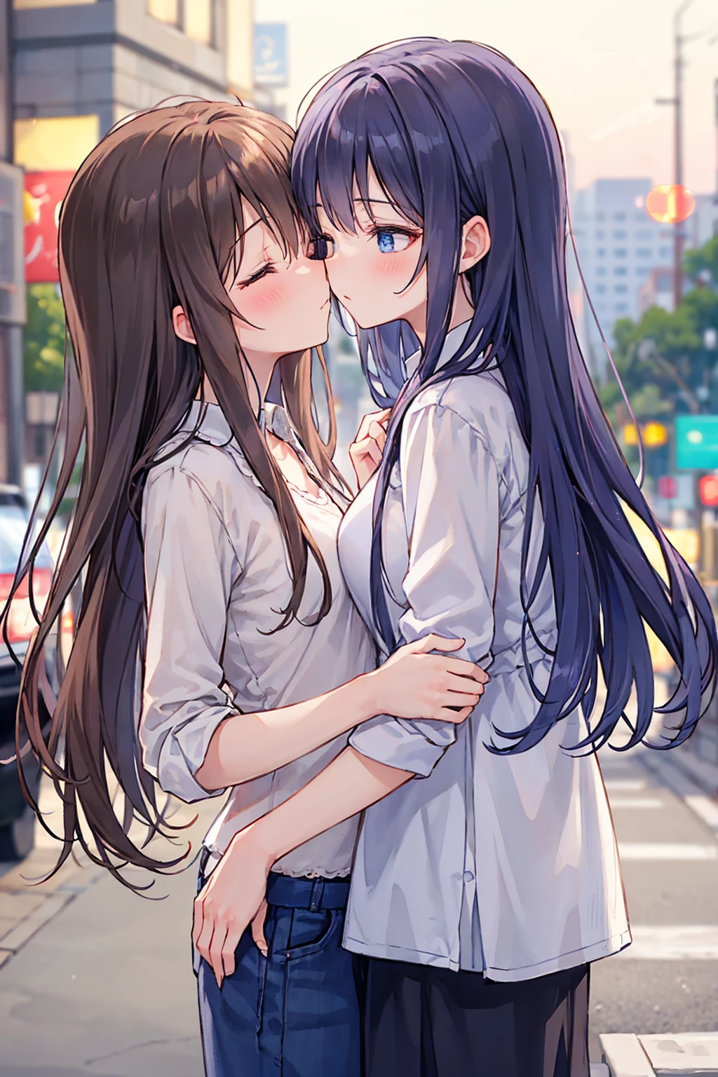 (masterpiece) Attention to detail, masterpiece),(High definition)Couple in their 20ale1名, woman1名、Kissing、Romance、Shiny atmosphere、Glossy appearance、City of night,woman(Brown medium-long hair )Close ~ eyes、Sweet Sigh、male(Black and unkempt hair、Y shirt, shirt)tightly close your eyes、background、The night deepens、dark, womanはショックを受けた, maleが壁に向かって彼女にキスをする, maleが腰を抱く, And his eyes were tightly closed, Romantic environment,((Highest quality)), (Very detailed), (High definitionCG合成8K壁紙), 高いly detailed, 高い-definition raw color photos, Professional photography, (((Bokeh))), Written boundary depth,Bust Shot