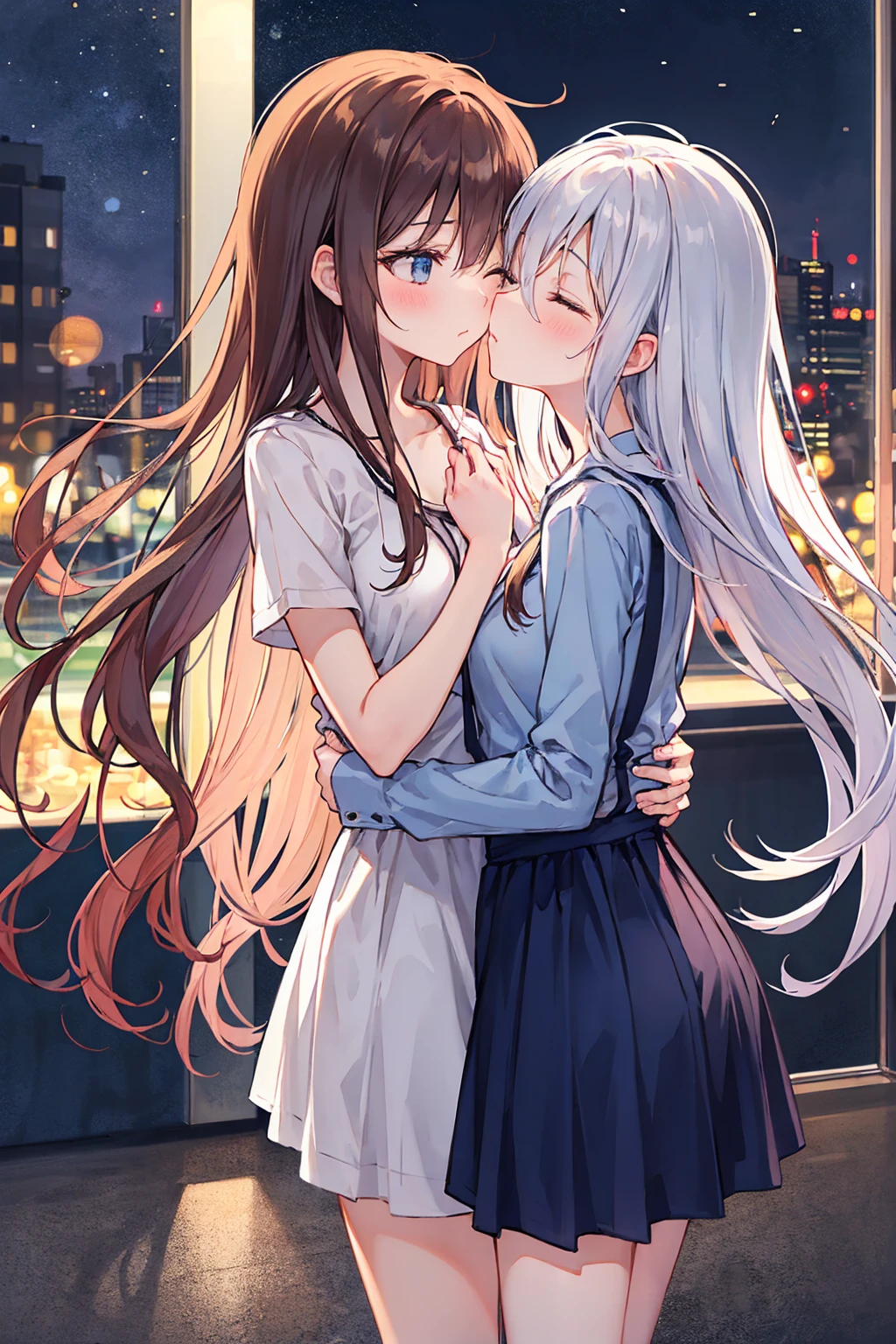 （masterpiece) Attention to detail, masterpiece），（High definition）Couple in their 20ale1名, woman1名、Kissing、Romance、Shiny atmosphere、Glossy appearance、City of night，woman（Brown medium-long hair ）Close ~ eyes、Sweet Sigh、male（Black and unkempt hair、Y shirt, shirt）tightly close your eyes、background、The night deepens、dark, womanはショックを受けた, maleが壁に向かって彼女にキスをする, maleが腰を抱く, And his eyes were tightly closed, Romantic environment,((Highest quality)), (Very detailed), (High definitionCG合成8K壁紙), 高いly detailed, 高い-definition raw color photos, Professional photography, (((Bokeh))), Written boundary depth,Bust Shot