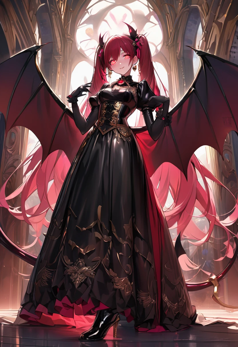 Cure Peach, (masterpiece, Highest quality, Shine光, Shine, Shine肌, Super detailed, Detailed Background, Complex background), (Perfect Face, Detailed face, Detailed eyes, Perfect hands, Perfect Fingers), Earrings, Twin tails, Hair Ribbon, Very long hair, (Gradient Hair), Variegated eyes, Gradient Eye, (Glowing Eyes:1.1), mascara, (Fashion Makeup), Long sleeve, Wide sleeves, (big bat wings:1.5), black gothic dress, (Black patent leather boots with pink laces:1.5), (Wicked Smile), (Shiny fabric:1.5), Low batwing, Blushing, (Beautiful Detailed eyes:1.6), extra Detailed face, Perfect lighting, Highly detailed CG, Exposing shoulders, (Juliet Sleeve:1.5), Black heart hair ornament, Bat feather headdress, (Dark red frills:1.5), jewelry, Dynamic pose, corset, (Red gemstone brooch in gold frame:1.3), Detachable collar, Spread your wings, (Latex gloss), Circlet, Red string, Shine肌, Oily skin, Portraiture, (Black gloves:1.5), Beautiful Features, Detailed fingers, High Contrast, (Seductive pose:1.2), (Succubus tail:1.5), Dark aura, (Gothic Lolita:1.3), (Long skirt:1.5), (The worst:1.5), Pink teeth, Slim legs, Gold ornaments