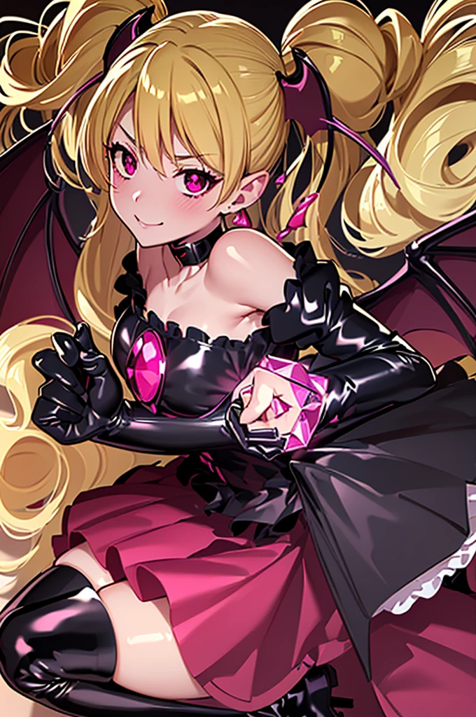 Cure Peach, (masterpiece, Highest quality, Shine光, Shine, Shine肌, Super detailed, Detailed Background, Complex background), (Perfect Face, Detailed face, Detailed eyes, Perfect hands, Perfect Fingers), Earrings, Twin tails, Hair Ribbon, Very long hair, (Gradient Hair), Variegated eyes, Gradient Eye, (Glowing Eyes:1.1), mascara, (Fashion Makeup), Long sleeve, Wide sleeves, (big bat wings:1.5), black gothic dress, (Black patent leather boots with pink laces:1.5), (Wicked Smile), (Shiny fabric:1.5), Low batwing, Blushing, (Beautiful Detailed eyes:1.6), extra Detailed face, Perfect lighting, Highly detailed CG, Exposing shoulders, (Juliet Sleeve:1.5), Black heart hair ornament, Bat feather headdress, (Dark red frills:1.5), jewelry, Dynamic pose, corset, (Red gemstone brooch in gold frame:1.3), Detachable collar, Spread your wings, (Latex gloss), Circlet, Red string, Shine肌, Oily skin, Portraiture, (Black gloves:1.5), Beautiful Features, Detailed fingers, High Contrast, (Seductive pose:1.2), (Succubus tail:1.5), Dark aura, (Gothic Lolita:1.3), (Long skirt:1.5), (The worst:1.5), Pink teeth, Slim legs, Gold ornaments