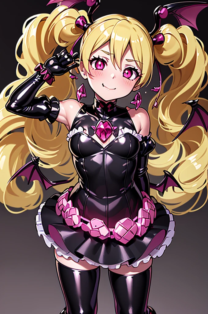 Cure Peach, (masterpiece, Highest quality, Shine光, Shine, Shine肌, Super detailed, Detailed Background, Complex background), (Perfect Face, Detailed face, Detailed eyes, Perfect hands, Perfect Fingers), Earrings, Twin tails, Hair Ribbon, Very long hair, (Gradient Hair), Variegated eyes, Gradient Eye, (Glowing Eyes:1.1), mascara, (Fashion Makeup), Long sleeve, Wide sleeves, (big bat wings:1.5), black gothic dress, (Black patent leather boots with pink laces:1.5), (Wicked Smile), (Shiny fabric:1.5), Low batwing, Blushing, (Beautiful Detailed eyes:1.6), extra Detailed face, Perfect lighting, Highly detailed CG, Exposing shoulders, (Juliet Sleeve:1.5), Black heart hair ornament, Bat feather headdress, (Dark red frills:1.5), jewelry, Dynamic pose, corset, (Red gemstone brooch in gold frame:1.3), Detachable collar, Spread your wings, (Latex gloss), Circlet, Red string, Shine肌, Oily skin, Portraiture, (Black gloves:1.5), Beautiful Features, Detailed fingers, High Contrast, (Seductive pose:1.2), (Succubus tail:1.5), Dark aura, (Gothic ****ta:1.3), (Long skirt:1.5), (The worst:1.5), Pink teeth, Slim legs, Gold ornaments