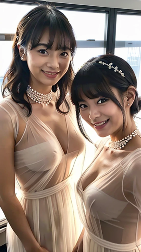 (A close-up selfie photo of two Japanese nude girls), 25-years-old, (Standing closely), (In the office), (Both smiling), (Both looking at the viewer), best quality, masterpiece, (Wearing transparent sheer bridesmaid-dress), (choker), (((Double eyelids))), Bangs down, earrings, (((Big beady eyes))), ((Completely transparent dress)), ((Nudists)), (Embarrassed and shy)