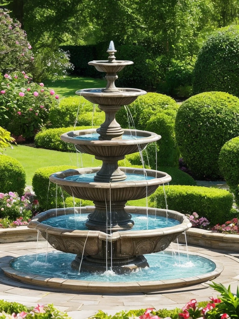 a close up of a fountain in a garden with a bench, water feature, fountain in the middle, gardens and fountains, fountain of water, fountain of youth, fountain, 3 nymphs circling a fountain, water fountain, elegant highly detailed, featuring flowing fountains, ornate and flowing, in a wild mushroom fountain, by Cherryl Fountain, draped with water and spines