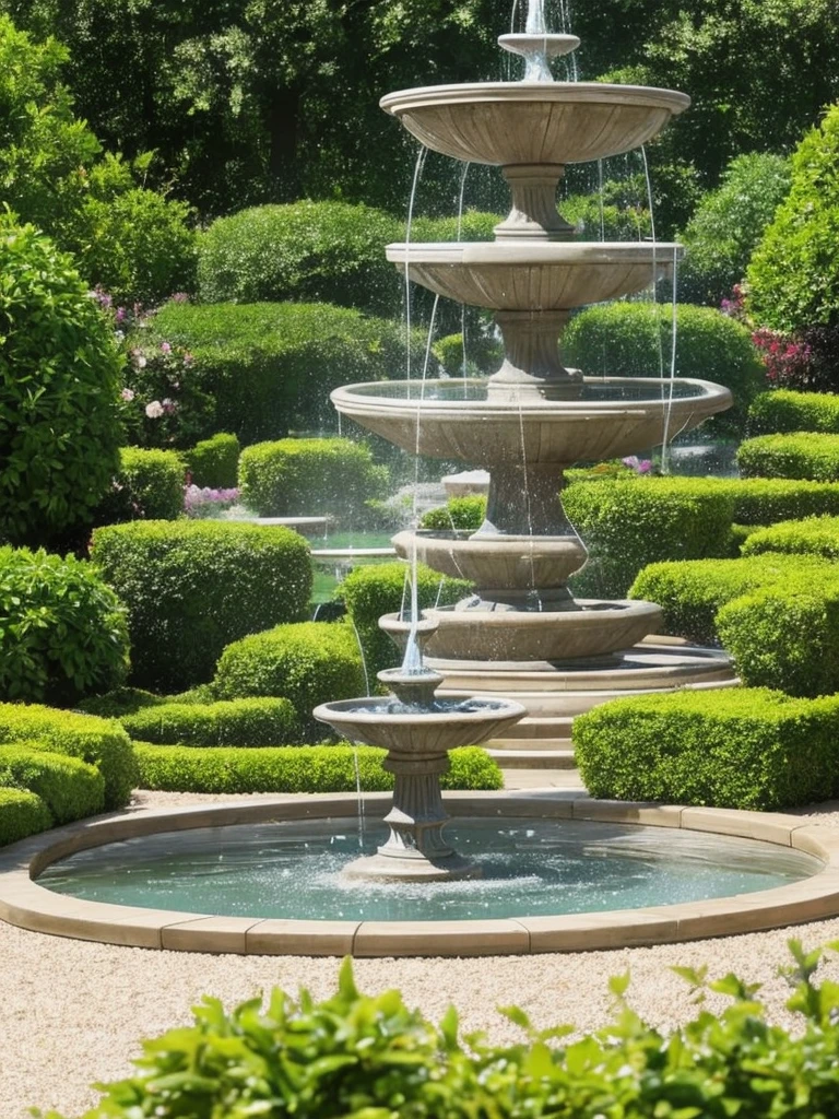a close up of a fountain in a garden with a bench, a pastel by Cherryl Fountain, flickr, renaissance, water feature, fountain in the middle, gardens and fountains, fountain of water, fountain of youth, fountain, 3 nymphs circling a fountain, water fountain, elegant highly detailed, featuring flowing fountains, ornate and flowing, in a wild mushroom fountain
