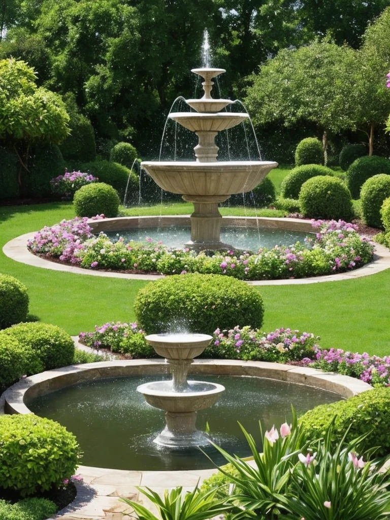 a close up of a fountain in a garden with a bench, a pastel by Cherryl Fountain, flickr, renaissance, water feature, fountain in the middle, gardens and fountains, fountain of water, fountain of youth, fountain, 3 nymphs circling a fountain, water fountain, elegant highly detailed, featuring flowing fountains, ornate and flowing, in a wild mushroom fountain