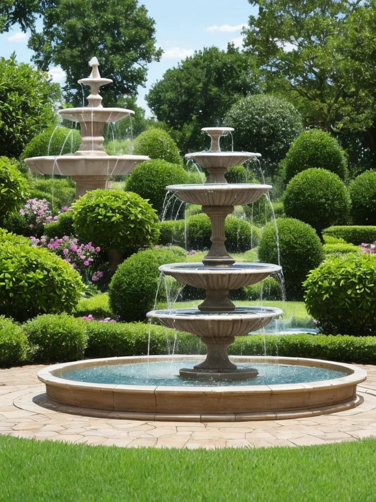 a close up of a fountain in a garden with a bench, a pastel by Cherryl Fountain, flickr, renaissance, water feature, fountain in the middle, gardens and fountains, fountain of water, fountain of youth, fountain, 3 nymphs circling a fountain, water fountain, elegant highly detailed, featuring flowing fountains, ornate and flowing, in a wild mushroom fountain