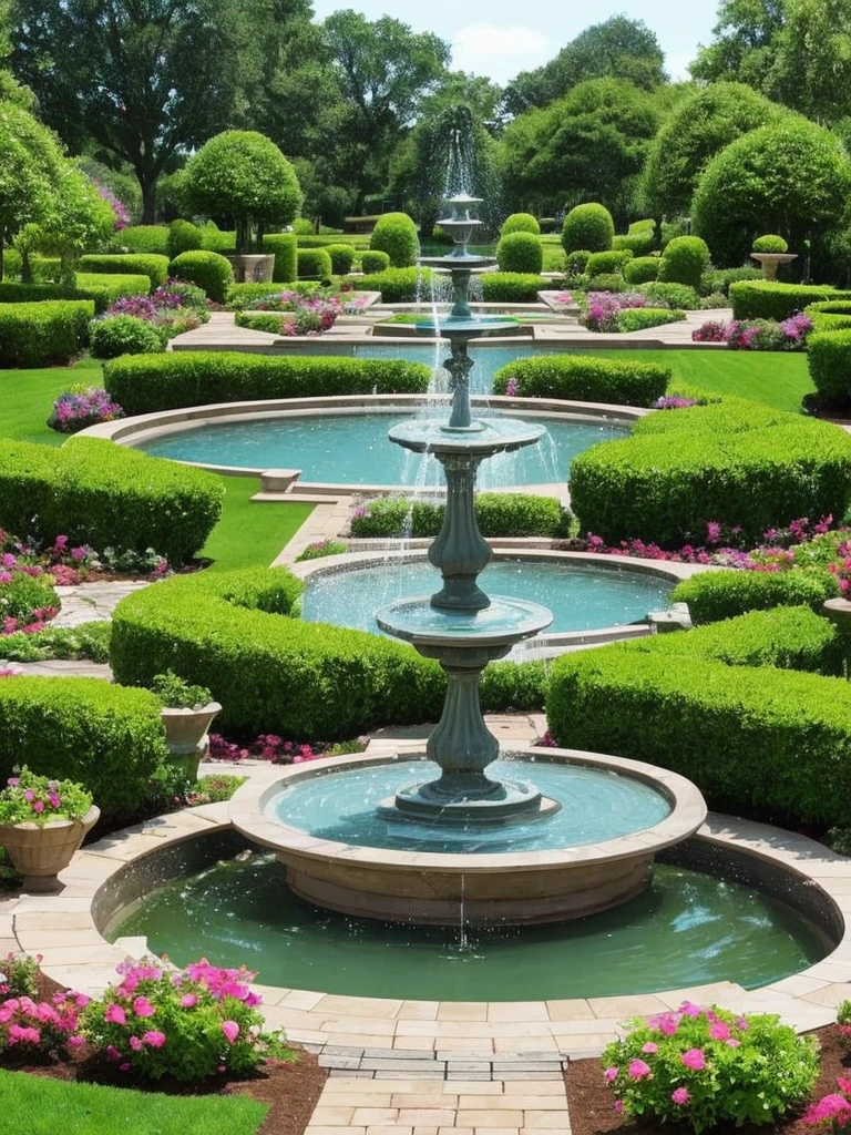 a close up of a fountain in a garden with a bench, a pastel by Cherryl Fountain, flickr, renaissance, water feature, fountain in the middle, gardens and fountains, fountain of water, fountain of youth, fountain, 3 nymphs circling a fountain, water fountain, elegant highly detailed, featuring flowing fountains, ornate and flowing, in a wild mushroom fountain