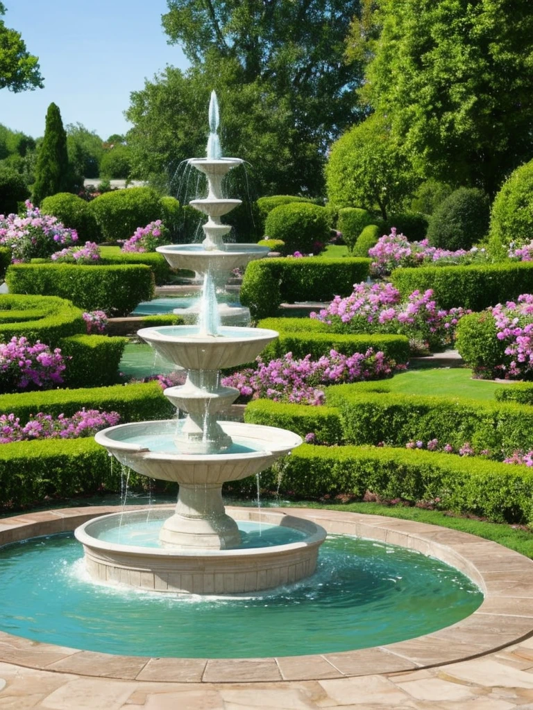 a close up of a fountain in a garden with a bench, a pastel by Cherryl Fountain, flickr, renaissance, water feature, fountain in the middle, gardens and fountains, fountain of water, fountain of youth, fountain, 3 nymphs circling a fountain, water fountain, elegant highly detailed, featuring flowing fountains, ornate and flowing, in a wild mushroom fountain