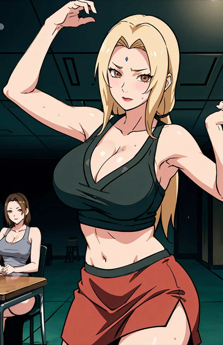 Big titlack tight skirt,  full bodyesbian, cleavage, Good , Masterpiece, Best quality, 4K, 8K, Professional photography, Soft light, Sharp focus, 1 girl, Blonde hair, in class room, Blonde hair, Spin-off of banks, Detailed face+Brown eyes, Open lips, lipstick, perspire，Sweat a lot，Blushlush，Be red in the face，I had a lot of sweat on my face，Blushlush），（stooped，Buttresigboobs，Enchanting pose，A  pose）,deep navel show:1.3,front view,sports bra,toned abs,long oval shaped navel that seems deep and big:1.3