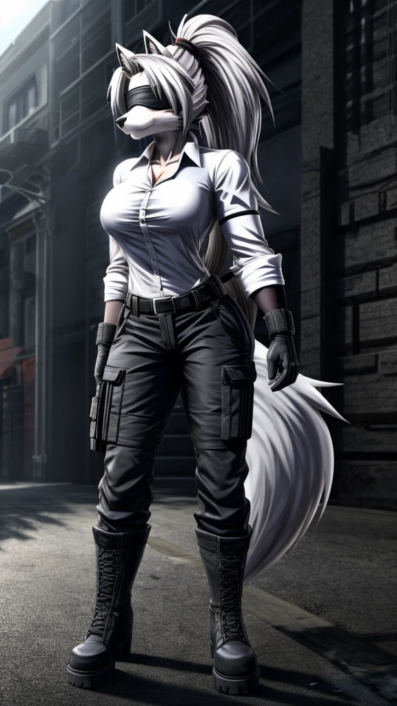 Loona from Helluva Boss, female wolf, anthro, mature adult, white soft hair with ponytail, blindfold, tall, muscular, white sleeve shirt, black cargo pants, black boots, black tactical gloves, solo, beautiful, high quality, precise, full body, anime style, 4K