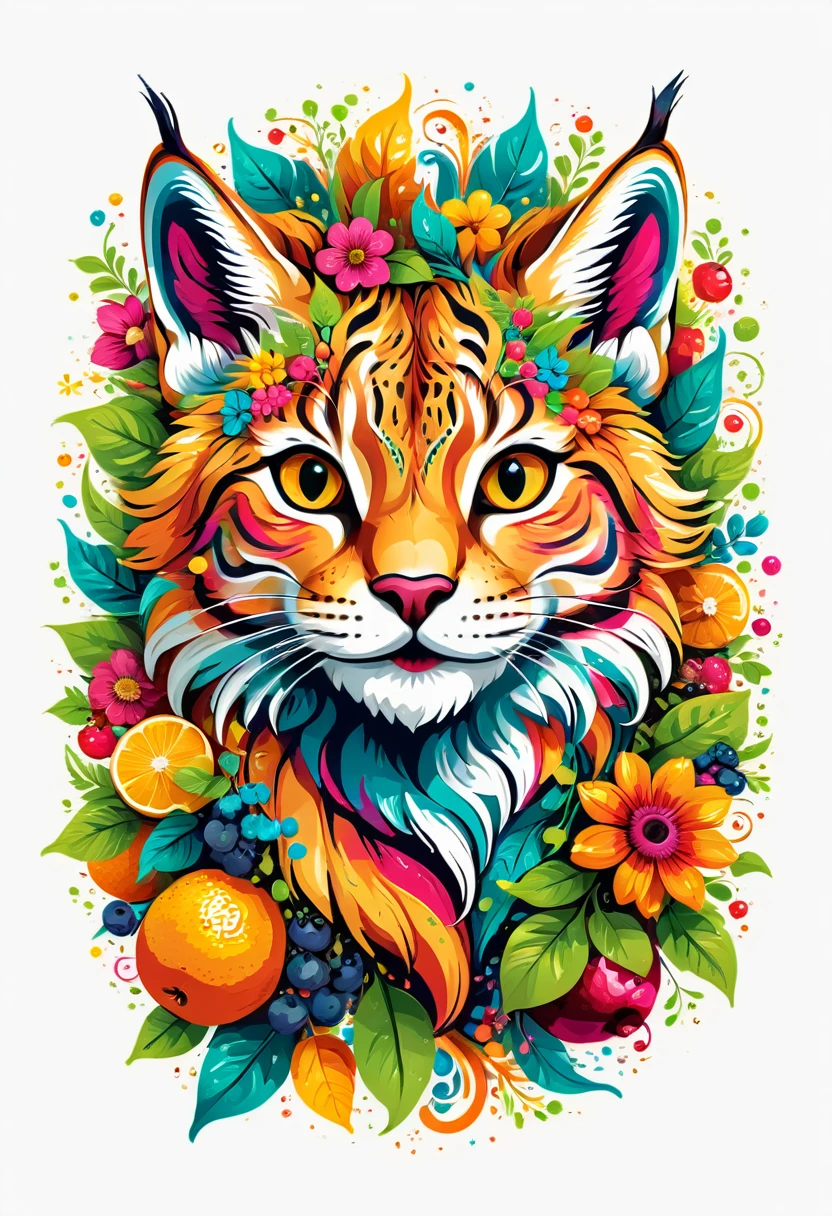  arte vetorial para  t shirt design, of a colorful illustration of a little smiling lynx, At the center, swirly vibrant colors, flowers, fruits, high détail,white backdrop, t shirt design.
(work of art, UHD quality, details in 16k, proffesional, perfect composition, very aesthetic, absurdrez, super verbose, details Intricate:1.3)
